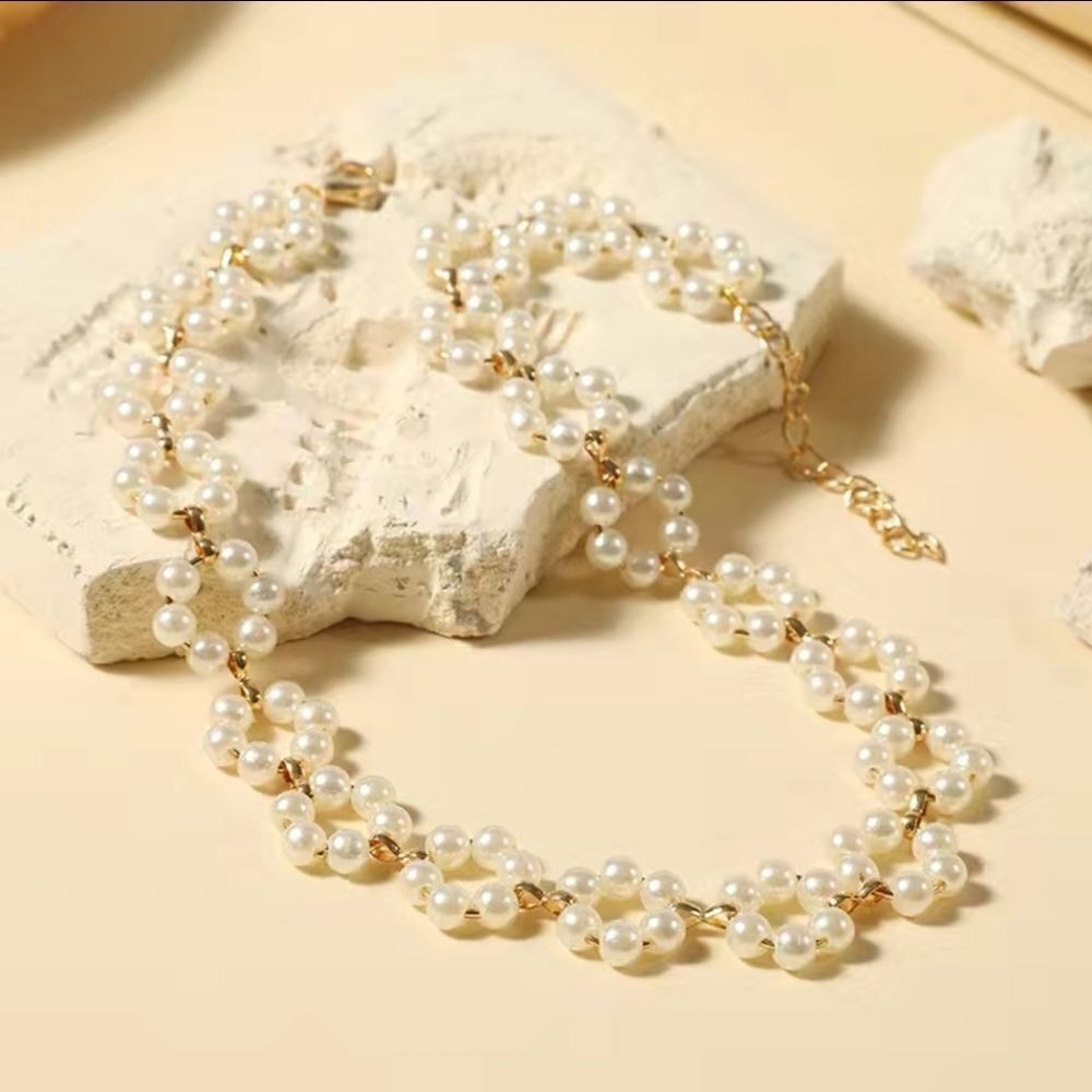 Flower Shape Braid Necklace Faux Pearls Short Choker Necklace - Picture 2 of 9